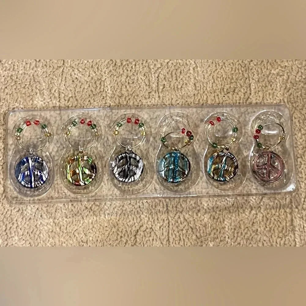 Art Glass Beaded Peace Sign Wine Charms Set of Six - Picture 3 of 6
